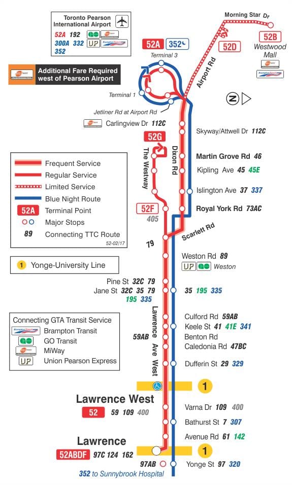 Mapa de TTC 52 Lawrence Oeste de la ruta de autobús de Toronto