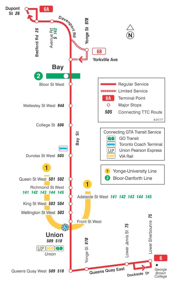 Mapa de TTC 6 de la Bahía de la ruta de autobús de Toronto