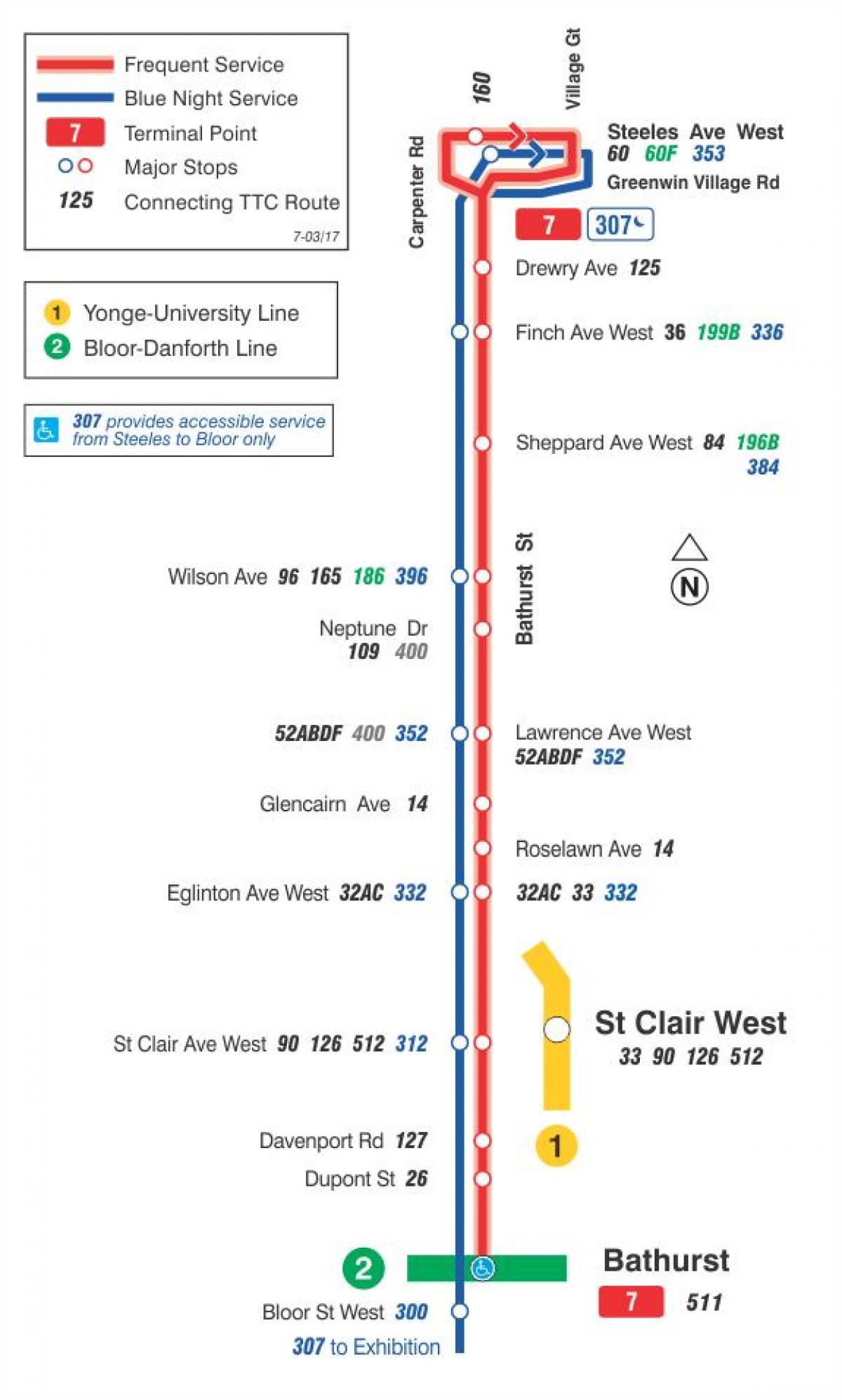 Mapa de TTC 7 Bathurst la ruta de autobús de Toronto