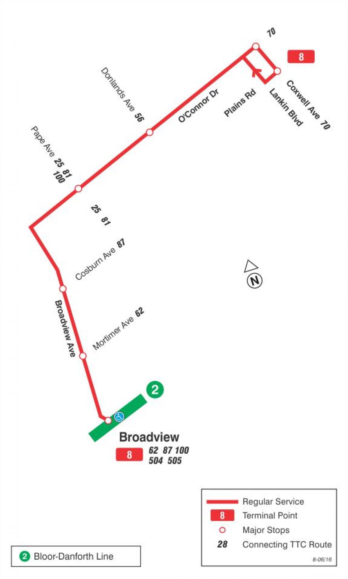 Mapa de TTC 8 Broadview la ruta de autobús de Toronto