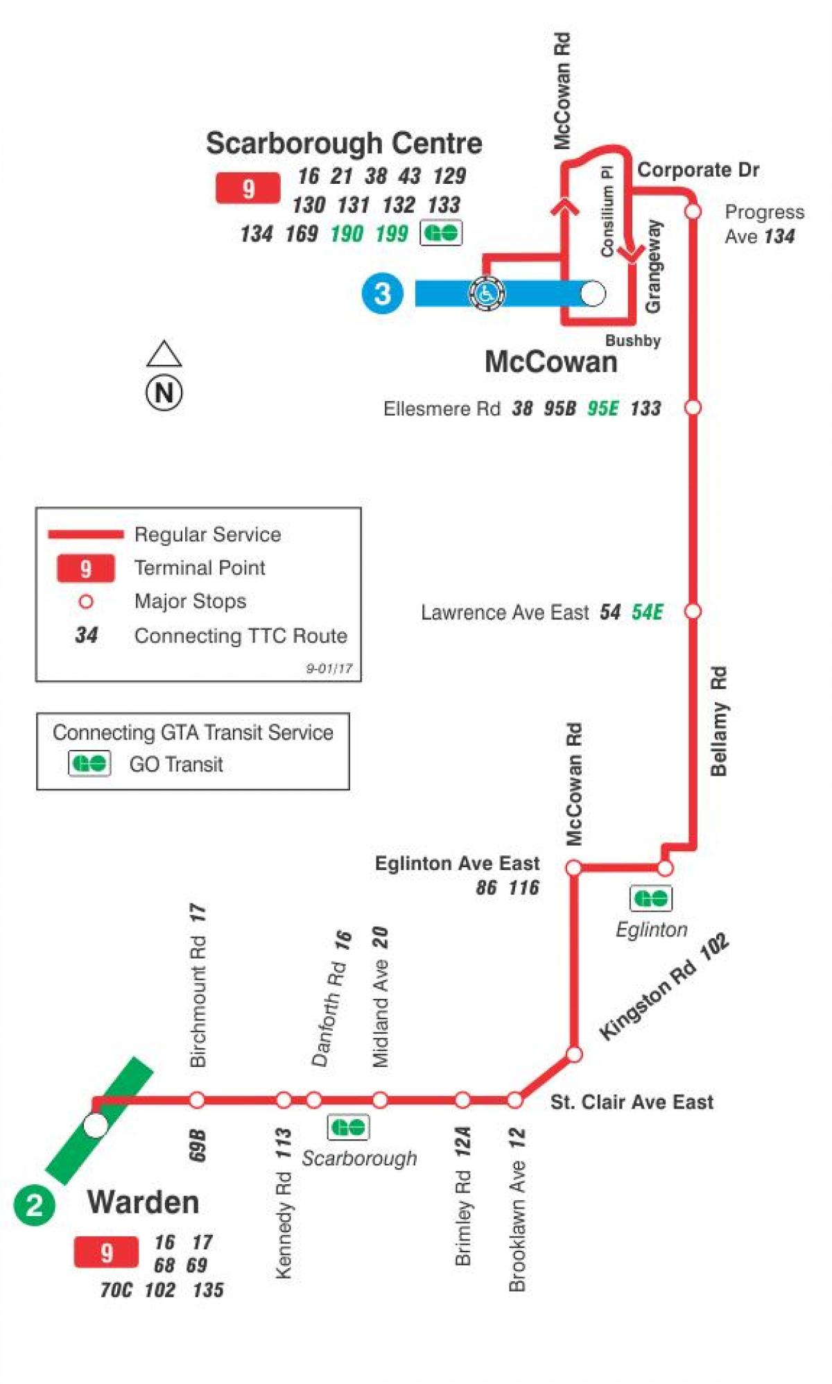 Mapa de TTC 9 Bellamy ruta de autobús de Toronto