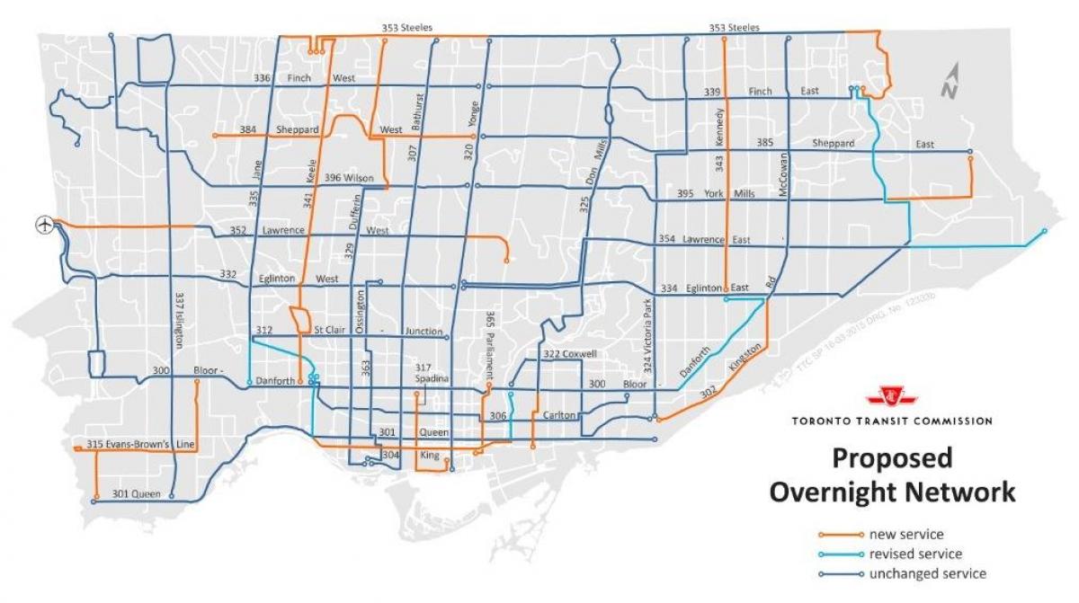 Mapa de TTC la noche a la mañana de la red de Toronto