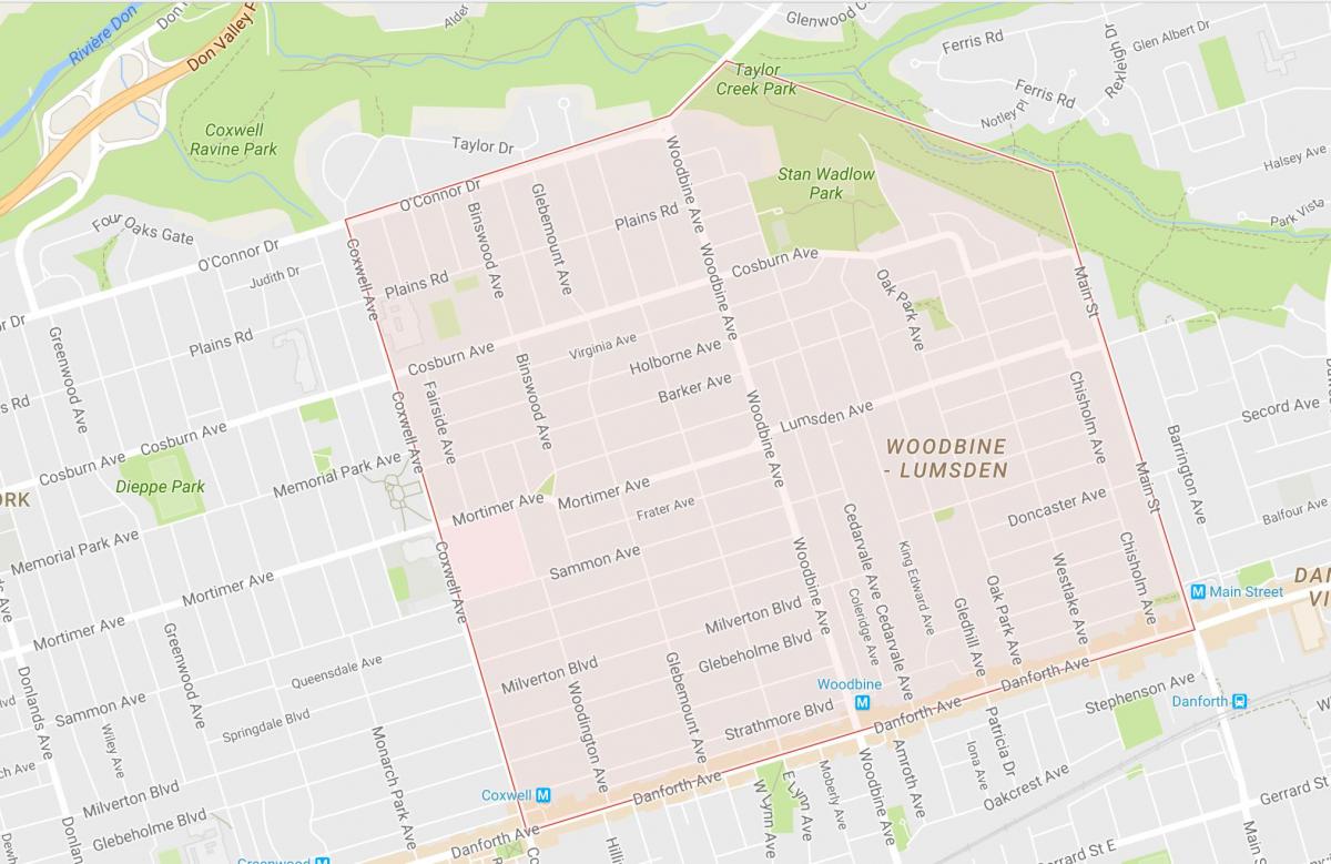 Mapa de Woodbine Alturas barrio de Toronto