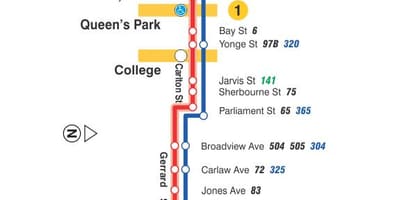 Mapa de la línea de tranvía 506 Universidad/Carlton