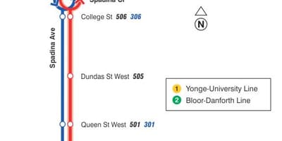 Mapa de la línea de tranvía 510 Spadina
