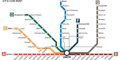 Mapa de Toronto y los trenes pasan de Tránsito