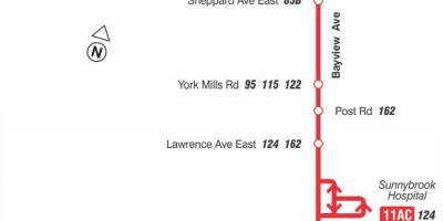 Mapa de TTC 11 Bayview la ruta de autobús de Toronto