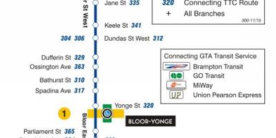 Mapa de TTC 300A Bloor-Danforth la ruta de autobús de Toronto