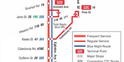 Mapa de TTC 32 Eglinton West de la ruta de autobús de Toronto
