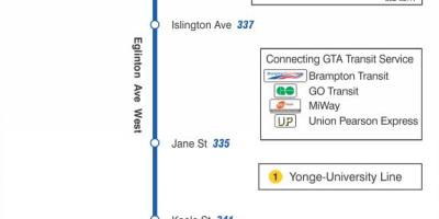 Mapa de TTC 332 Eglinton West de la ruta de autobús de Toronto