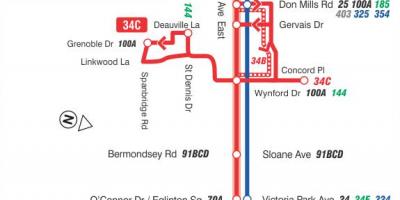 Mapa de TTC 34 Eglinton Oriente de la ruta de autobús de Toronto