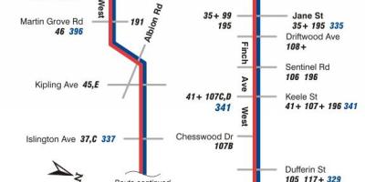 Mapa de TTC 36 Pinzón Oeste de la ruta de autobús de Toronto