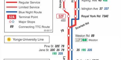 Mapa de TTC 52 Lawrence Oeste de la ruta de autobús de Toronto
