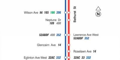 Mapa de TTC 7 Bathurst la ruta de autobús de Toronto