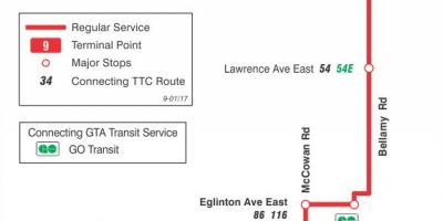Mapa de TTC 9 Bellamy ruta de autobús de Toronto